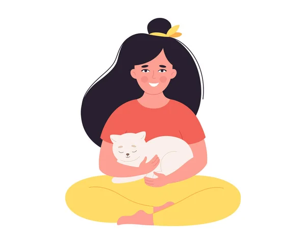 Femme tenant un chat. Femme avec animal de compagnie. Joyeux propriétaire d'animaux. Illustration vectorielle dessinée main — Image vectorielle