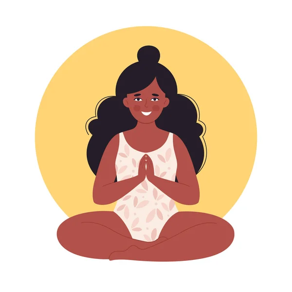 Black woman meditating in swimsuit. Healthy lifestyle, yoga, relax, breathing exercise. Hello summer. Hand drawn vector illustration — Stock Vector