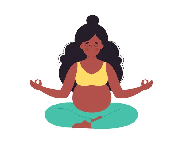 Černá těhotná žena meditující v lotosové póze. Zdravé těhotenství, jóga, relaxace, dechové cvičení. Ručně kreslená vektorová ilustrace — Stockový vektor
