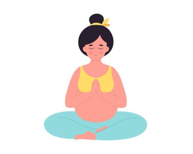Nilüfer çiçeğiyle meditasyon yapan hamile bir kadın. Sağlıklı hamilelik, yoga, rahatlama, nefes alma egzersizi. El çizimi vektör illüstrasyonu