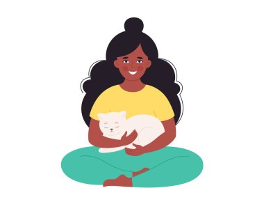 Kedi tutan siyah kadın. Evcil hayvanı olan kadın. Mutlu evcil hayvan sahibi. El çizimi vektör illüstrasyonu