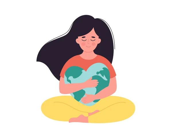 Mujer abrazando el globo terráqueo. Día de la Tierra, planeta salvador, protección de la naturaleza, concepto de conciencia ecológica. Ilustración vectorial dibujada a mano — Vector de stock