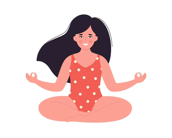 Женщина медитирует в купальнике. Здоровый образ жизни, йога, расслабление, дыхательные упражнения. Привет, лето. Векторная иллюстрация — стоковый вектор