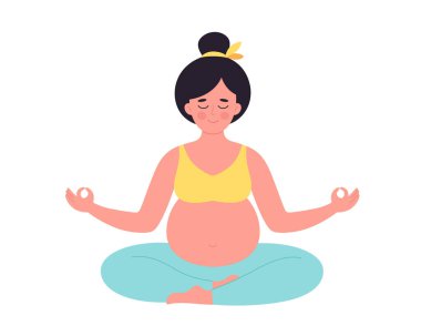 Nilüfer çiçeğiyle meditasyon yapan hamile bir kadın. Sağlıklı hamilelik, yoga, rahatlama, nefes alma egzersizi. El çizimi vektör illüstrasyonu