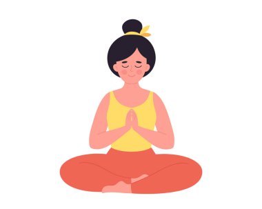 Lotus pozunda meditasyon yapan bir kadın. Sağlıklı yaşam tarzı, yoga, rahatlama, nefes alma egzersizi. Dünya yoga günü. El çizimi vektör illüstrasyonu