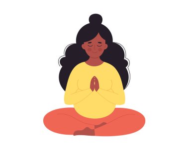 Siyahi hamile kadın nilüfer çiçeği pozunda meditasyon yapıyor. Sağlıklı hamilelik, yoga, rahatlama, nefes alma egzersizi. El çizimi vektör illüstrasyonu