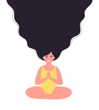 Mayo giymiş meditasyon yapan bir kadın. Sağlıklı yaşam tarzı, yoga, rahatlama, nefes alma egzersizi. Merhaba yaz. El çizimi vektör illüstrasyonu