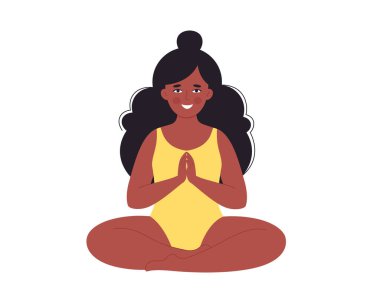 Siyah kadın mayo içinde meditasyon yapıyor. Sağlıklı yaşam tarzı, yoga, rahatlama, nefes alma egzersizi. Merhaba yaz. El çizimi vektör illüstrasyonu