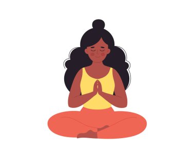 Siyahi kadın nilüfer çiçeği pozunda meditasyon yapıyor. Sağlıklı yaşam tarzı, yoga, rahatlama, nefes alma egzersizi. Dünya yoga günü. El çizimi vektör illüstrasyonu
