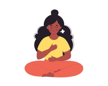 Zenci kadın nefes egzersizi yapıyor. Lotus pozunda meditasyon yapan bir kadın. Dünya yogası, akıl sağlığı. El çizimi vektör illüstrasyonu