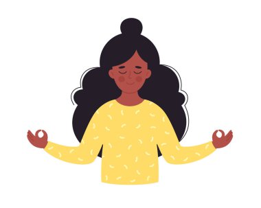 Siyahi kadın meditasyon yapıyor. Akıl sağlığı. Sağlıklı yaşam tarzı, yoga, rahatlama, nefes alma egzersizi. Dünya yoga günü. El çizimi vektör illüstrasyonu