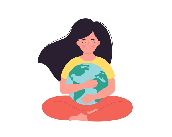 Woman hugging Earth globe. Earth Day, saving planet, nature protect, ecological awareness concept. Hand drawn vector illustration