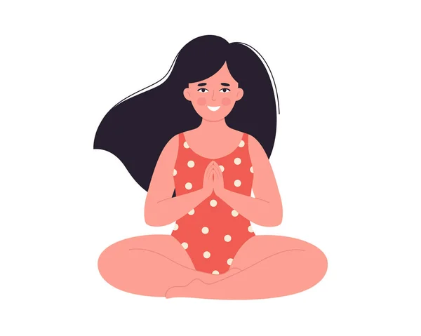 Mayo giymiş meditasyon yapan bir kadın. Sağlıklı yaşam tarzı, yoga, rahatlama, nefes alma egzersizi. Merhaba yaz. El çizimi vektör illüstrasyonu — Stok Vektör