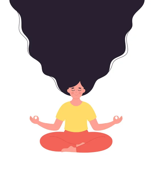 Mulher meditando em pose de lótus. Estilo de vida saudável, ioga, relaxar, exercícios respiratórios. Dia mundial de ioga. Ilustração vetorial desenhada à mão — Vetor de Stock