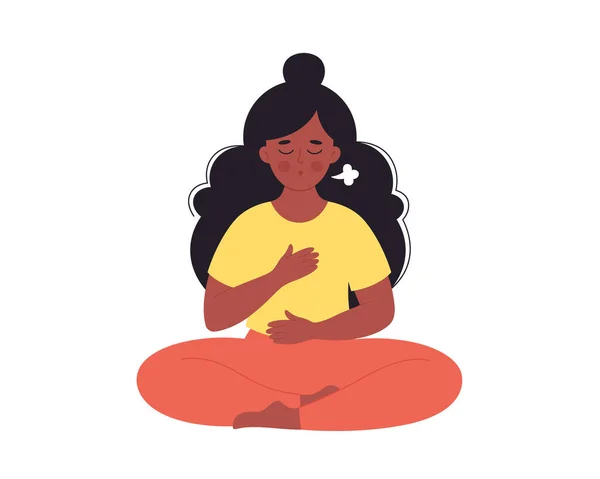 Mulher negra a fazer exercício respiratório. Mulher meditando em pose de lótus. Dia mundial de ioga, bem-estar mental. Ilustração vetorial desenhada à mão — Vetor de Stock