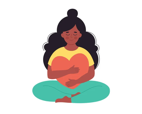 Mujer negra abrazando el corazón. Amor propio, emoción positiva, salud mental, libertad, felicidad, bienestar mental. Ilustración vectorial dibujada a mano — Archivo Imágenes Vectoriales