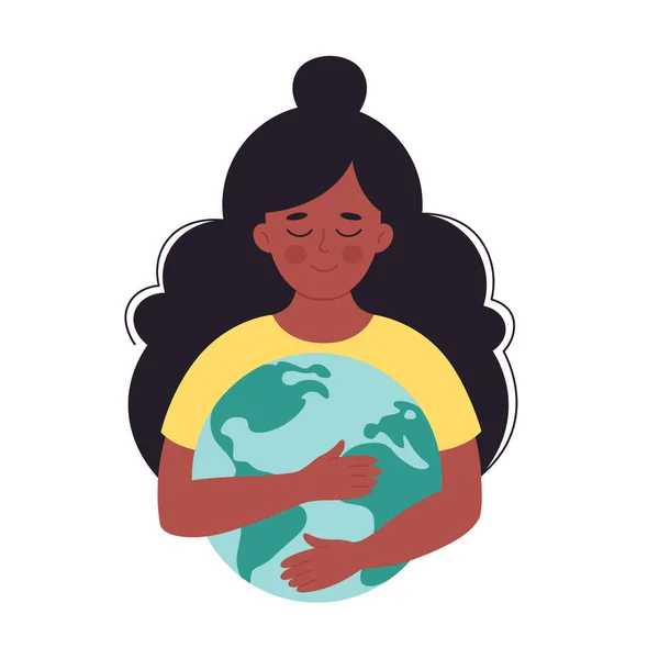 Schwarze Frau umarmt Erdkugel. Tag der Erde, Rettung des Planeten, Naturschutz, ökologisches Bewusstsein. Handgezeichnete Vektorillustration — Stockvektor