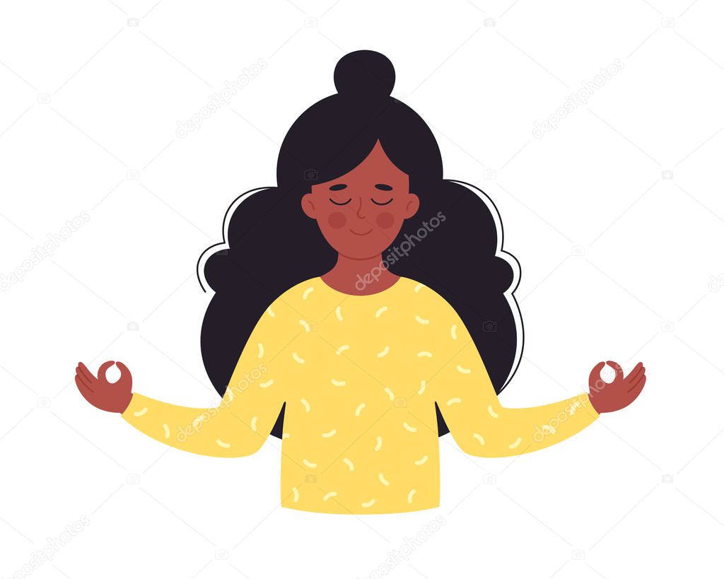 Black woman meditating. Mental health. Healthy lifestyle, yoga, relax, breathing exercise. World yoga day. Hand drawn vector illustration