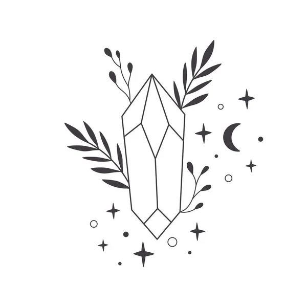 Mystical, esoteric or healing crystals with flowers, leaves. Linear art. Editable strocks. Vector illustration — ストックベクタ