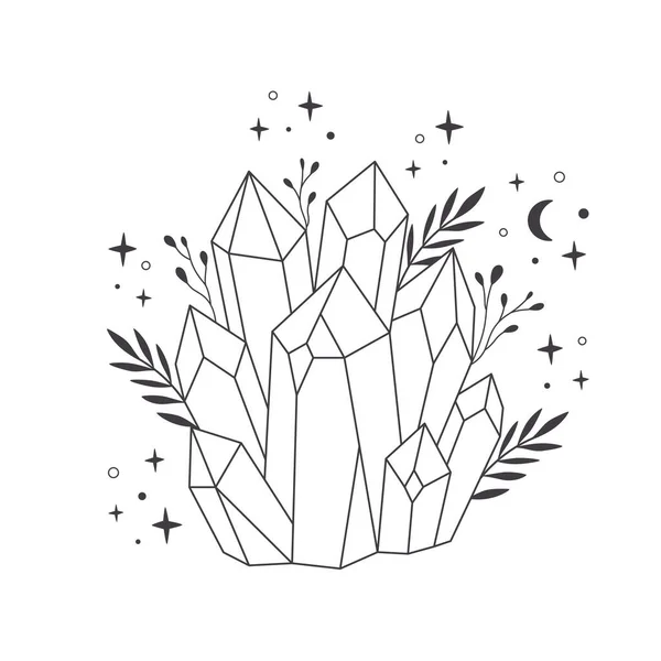 Mystical, esoteric or healing crystals with flowers, leaves. Linear art. Editable strocks. Vector illustration — ストックベクタ