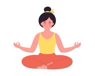 Lotus pozunda meditasyon yapan bir kadın. Sağlıklı yaşam tarzı, yoga, rahatlama, nefes alma egzersizi. Dünya yoga günü. El çizimi vektör illüstrasyonu