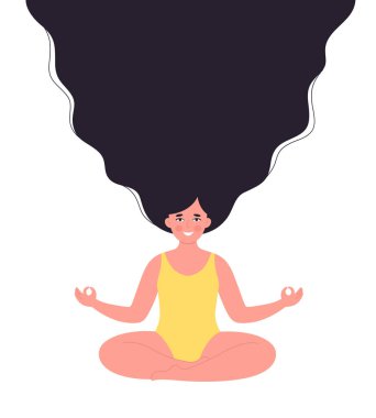 Mayo giymiş meditasyon yapan bir kadın. Sağlıklı yaşam tarzı, yoga, rahatlama, nefes alma egzersizi. Merhaba yaz. El çizimi vektör illüstrasyonu