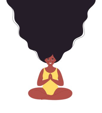 Siyah kadın mayo içinde meditasyon yapıyor. Sağlıklı yaşam tarzı, yoga, rahatlama, nefes alma egzersizi. Merhaba yaz. El çizimi vektör illüstrasyonu