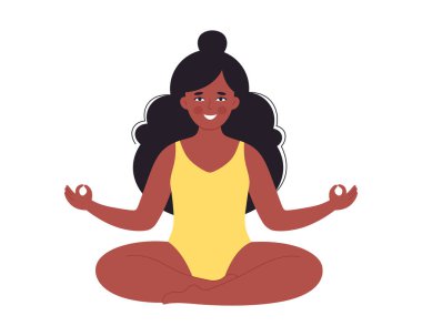 Siyah kadın mayo içinde meditasyon yapıyor. Sağlıklı yaşam tarzı, yoga, rahatlama, nefes alma egzersizi. Merhaba yaz. El çizimi vektör illüstrasyonu