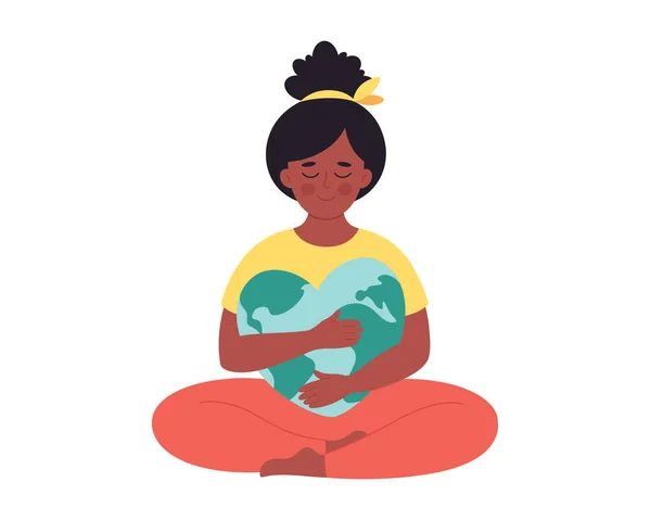 Mujer negra abrazando el globo terráqueo. Día de la Tierra, planeta salvador, protección de la naturaleza, concepto de conciencia ecológica. Ilustración vectorial dibujada a mano — Vector de stock