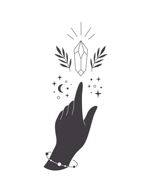 Рука Небесными Мистическими Символами Мистический Эзотерический Исцеляющий Кристалл Листьями Линейное — стоковый вектор