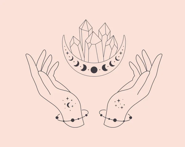 Hands Celestial Mystical Symbols Mystical Esoteric Healing Crystals Linear Art — 스톡 벡터