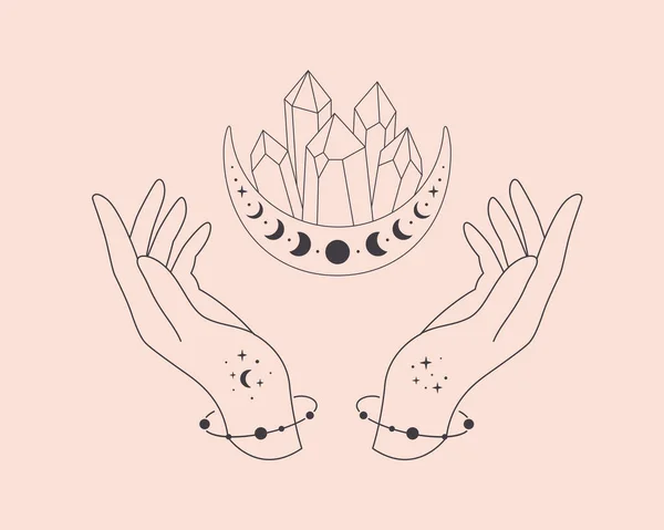 Hands Celestial Mystical Symbols Mystical Esoteric Healing Crystals Linear Art — Stock Vector