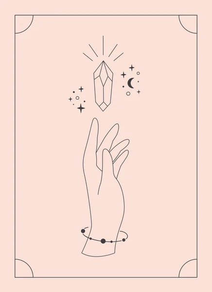 Hand Celestial Mystical Symbols Mystical Esoteric Healing Crystal Linear Art — ストックベクタ