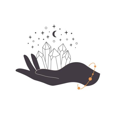 Hand with crystal. Mystical, esoteric, magic or healing crystal. Linear art. Editable strokes. Vector illustration