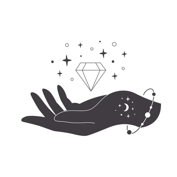 Χέρι με ουράνια μυστικιστικά σύμβολα. Μυστικός, εσωτερικός ή θεραπευτικός κρύσταλλος. Γραμμική τέχνη. Επεξεργάσιμα εγκεφαλικά. Εικονογράφηση διανύσματος — Διανυσματικό Αρχείο