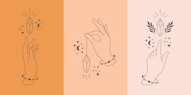 Hands with celestial mystical symbols. Mystical, esoteric or healing crystal. Linear art. Editable strokes. Vector illustration