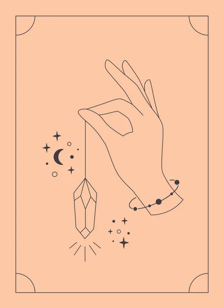 Hand with celestial mystical symbols. Mystical, esoteric or healing crystal. Linear art. Editable strokes. Vector illustration — Image vectorielle