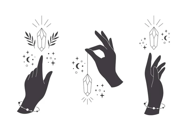 Руки с небесными мистическими символами. Мистический, эзотерический или исцеляющий кристалл. Линейное искусство. Редактируемые штрихи. Векторная иллюстрация — стоковый вектор