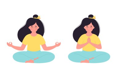 Lotus pozunda meditasyon yapan bir kadın. Sağlıklı yaşam tarzı, yoga, rahatlama, nefes alma egzersizi. Dünya yoga günü. Vektör illüstrasyonu