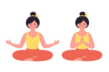 Lotus pozunda meditasyon yapan bir kadın. Sağlıklı yaşam tarzı, yoga, rahatlama, nefes alma egzersizi. Dünya yoga günü. El çizimi vektör illüstrasyonu