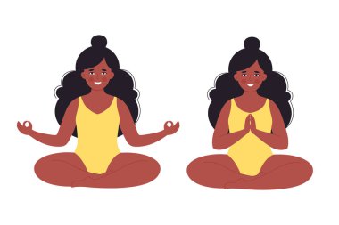 Siyah kadın mayo içinde meditasyon yapıyor. Sağlıklı yaşam tarzı, yoga, rahatlama, nefes alma egzersizi. Merhaba yaz. El çizimi vektör illüstrasyonu
