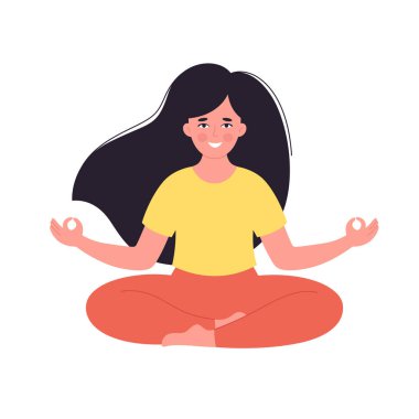 Lotus pozunda meditasyon yapan bir kadın. Sağlıklı yaşam tarzı, yoga, rahatlama, nefes alma egzersizi. Dünya yoga günü. El çizimi vektör illüstrasyonu