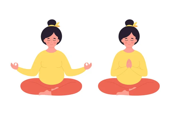 Беременная женщина медитирует в позе лотоса. Здоровая беременность, йога, расслабление, дыхательные упражнения. Векторная иллюстрация — стоковый вектор