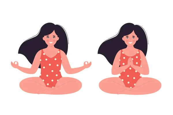 Женщина медитирует в купальнике. Здоровый образ жизни, йога, расслабление, дыхательные упражнения. Привет, лето. Векторная иллюстрация — стоковый вектор