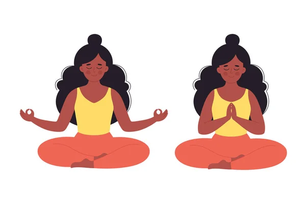 Черная женщина медитирует в позе лотоса. Здоровый образ жизни, йога, расслабление, дыхательные упражнения. Всемирный день йоги. Векторная иллюстрация — стоковый вектор