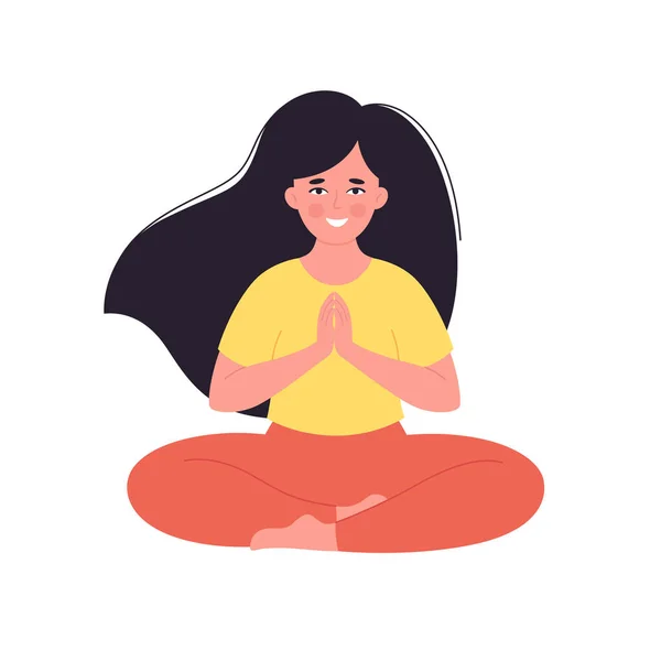 Женщина медитирует в позе лотоса. Здоровый образ жизни, йога, расслабление, дыхательные упражнения. Всемирный день йоги. Векторная иллюстрация — стоковый вектор