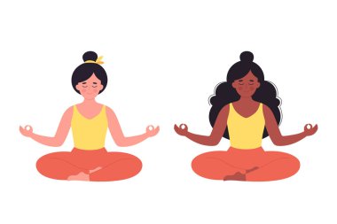 Lotus pozunda meditasyon yapan kadınlar. Sağlıklı yaşam tarzı, yoga, rahatlama, nefes alma egzersizi. Dünya yoga günü. Vektör illüstrasyonu