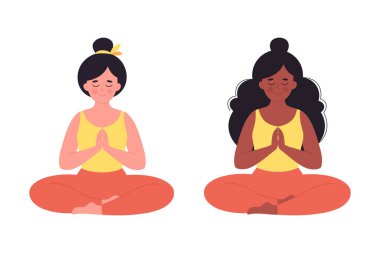 Lotus pozunda meditasyon yapan kadınlar. Sağlıklı yaşam tarzı, yoga, rahatlama, nefes alma egzersizi. Dünya yoga günü. Vektör illüstrasyonu