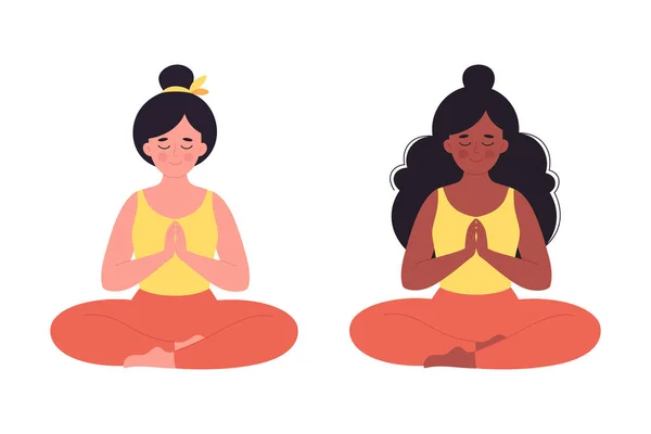 Женщины Медитируют Позе Лотоса Здоровый Образ Жизни Йога Расслабление Дыхательные — стоковый вектор