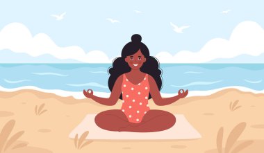 Siyahi kadın sahilde meditasyon yapıyor. Merhaba yaz, yaz tatili, tatil. Sağlıklı yaşam tarzı, yoga ve meditasyon. Vektör illüstrasyonu